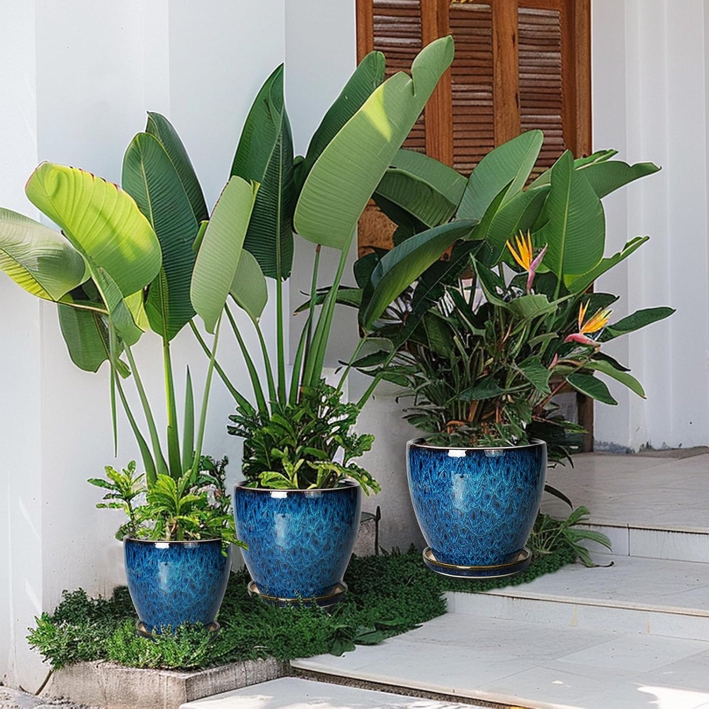 10 Inch Ceramic Planter Pot Round Plant Pot for Indoor Plants Outdoor Large Flower Pot with Drainage Hole and Saucer Blue