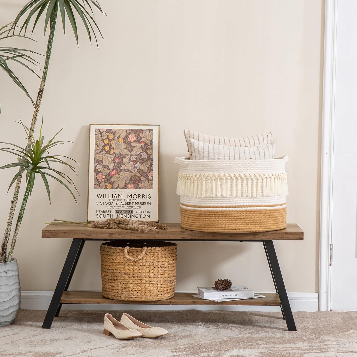 KAKAMAY Large Blanket Basket (20"x13"),Woven Baskets for storage Baby Laundry Hamper, Cotton Rope Blanket Basket for Living Room, Laundry, Nursery, Pillows, Baby Toy chest (White/Brown)
