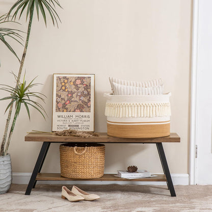 KAKAMAY Large Blanket Basket (20"x13"),Woven Baskets for storage Baby Laundry Hamper, Cotton Rope Blanket Basket for Living Room, Laundry, Nursery, Pillows, Baby Toy chest (White/Brown)