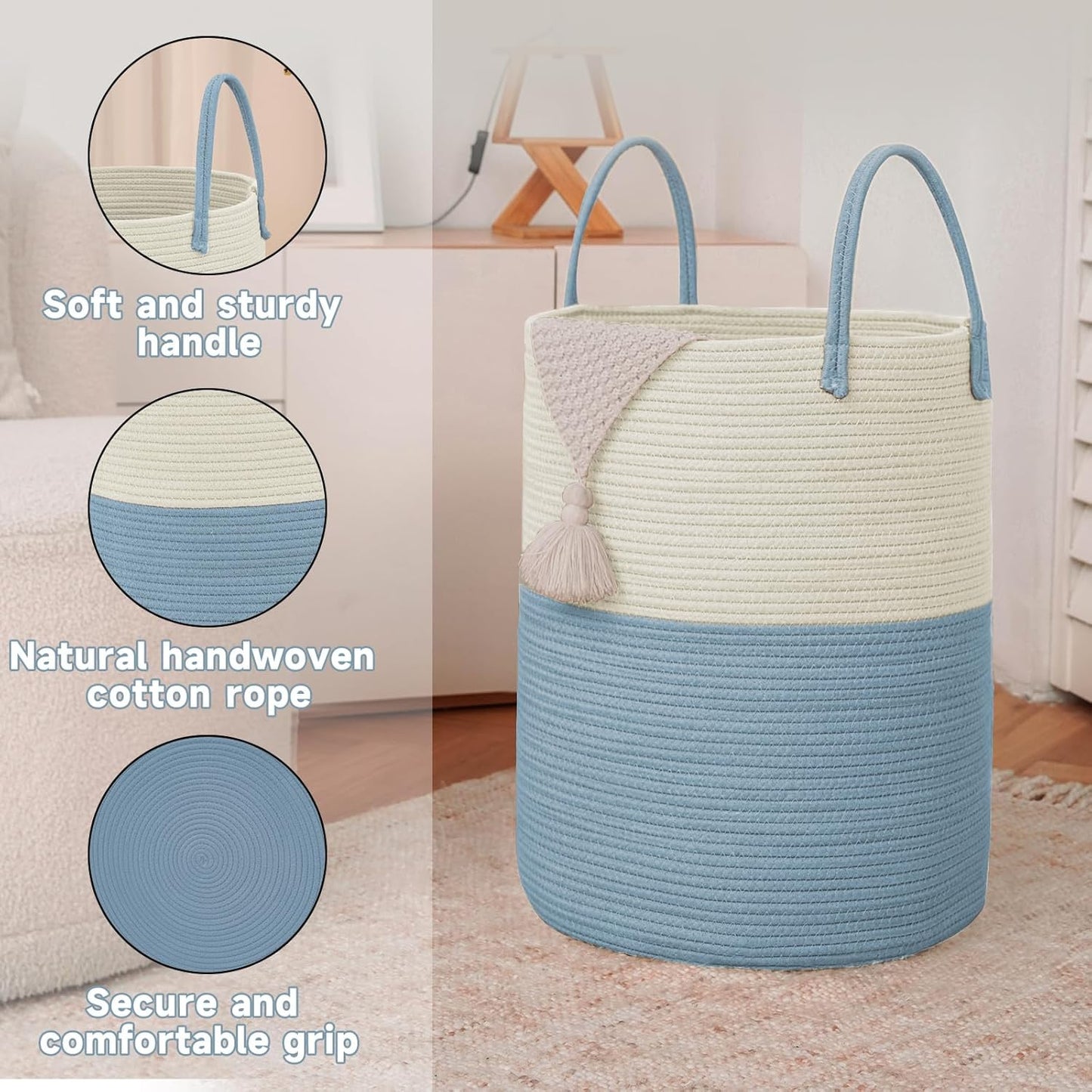 JMvicyroam Large Woven Laundry Basket Hamper,60L Cotton Rope Storage Bin for Blankets,Toys and Clothes,Decorative Tall Nursery Hamper for Living Room,Baby Nursery,Bathroom and Bedroom,Brown