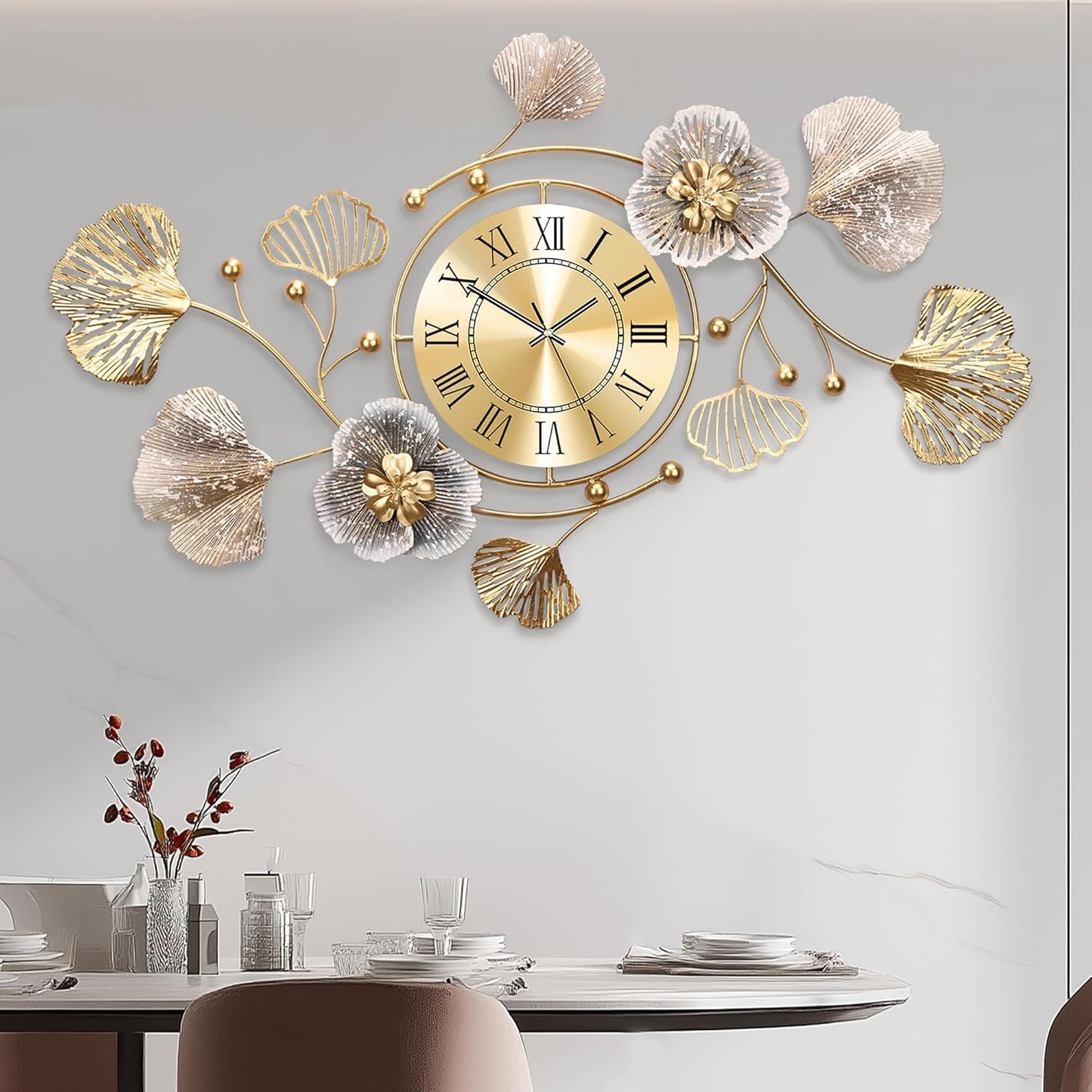 Clocks for Living Room, Large Wall Clock, 3D Silent Wall Clock, Retro Metal Ginkgo Leaf Design, for Bedroom Kitchen Decorative Wall Clocks（32''x18'' ）