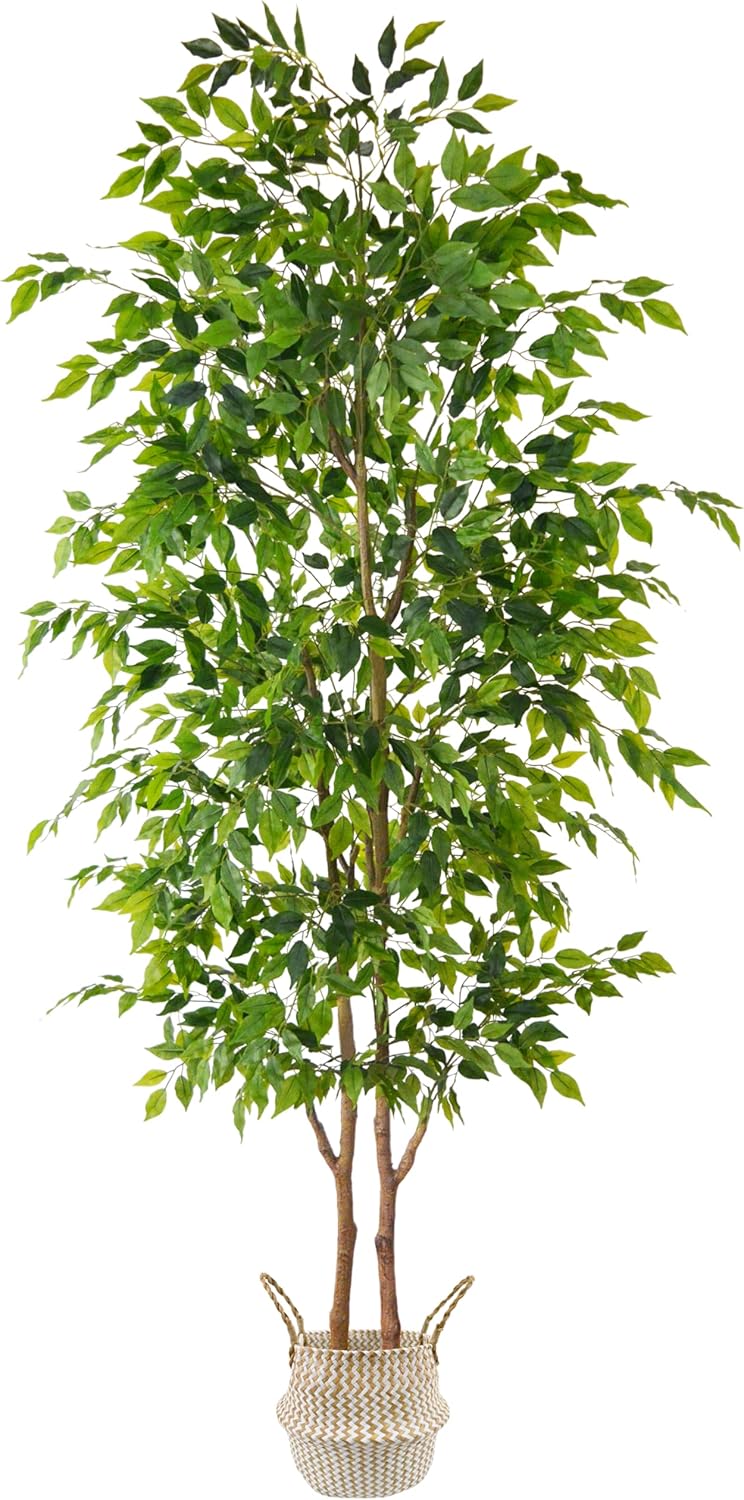 Warmplants Artificial Ficus Tree, 7ft Silk Fake Ficus Leaves Plant with Basket, Indoor Outdoor Faux Green Tree for Home Garden Office House Livingroom Décor