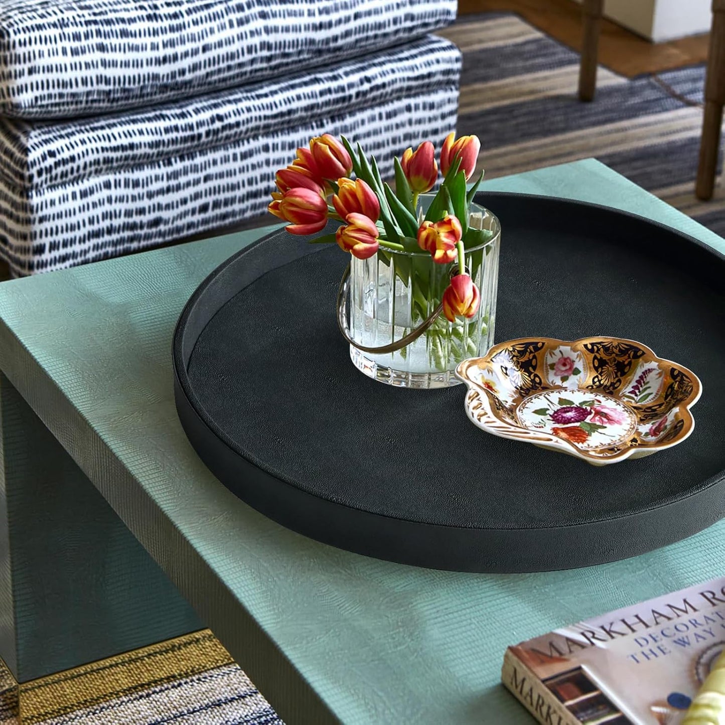 HofferRuffer Round Serving Tray 20'', Elegant Faux Leather Circle Ottoman Table Tray, Serve Tea Coffee Breakfast in Bedroom Living Room Kitchen (Brown)
