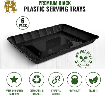 6 Pack Clear Plastic Serving Trays for Party, 9 x 13 Inch - Heavy Duty Plastic Trays for Food - Rectangular Party Serving Trays and Platters - Clear Disposable Trays