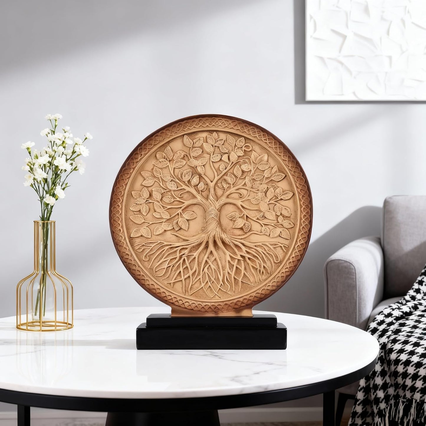 DOVDOV Abstract Circular Tree of Life Decorative Sculpture, Black and Gold Home Decor, Modern Art Home Accent Suitable for Office Shelves, Coffee Tables, and Above Cabinet Decorative Statue.