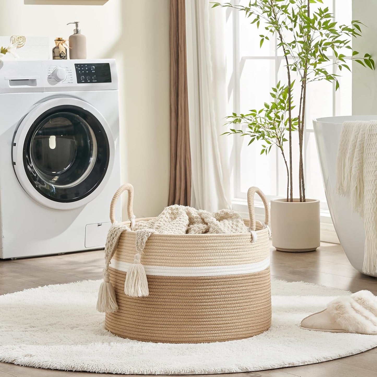 KAKAMAY Large Blanket Basket (20"x13"),Woven Baskets for storage Baby Laundry Hamper, Cotton Rope Blanket Basket for Living Room, Laundry, Nursery, Pillows, Baby Toy chest (White/Brown)