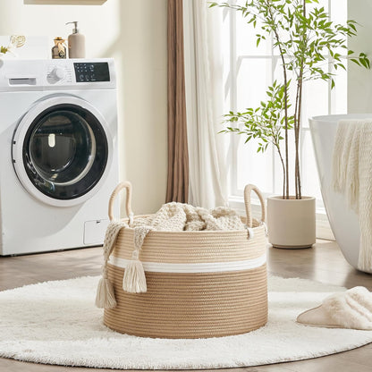 KAKAMAY Large Blanket Basket (20"x13"),Woven Baskets for storage Baby Laundry Hamper, Cotton Rope Blanket Basket for Living Room, Laundry, Nursery, Pillows, Baby Toy chest (White/Brown)
