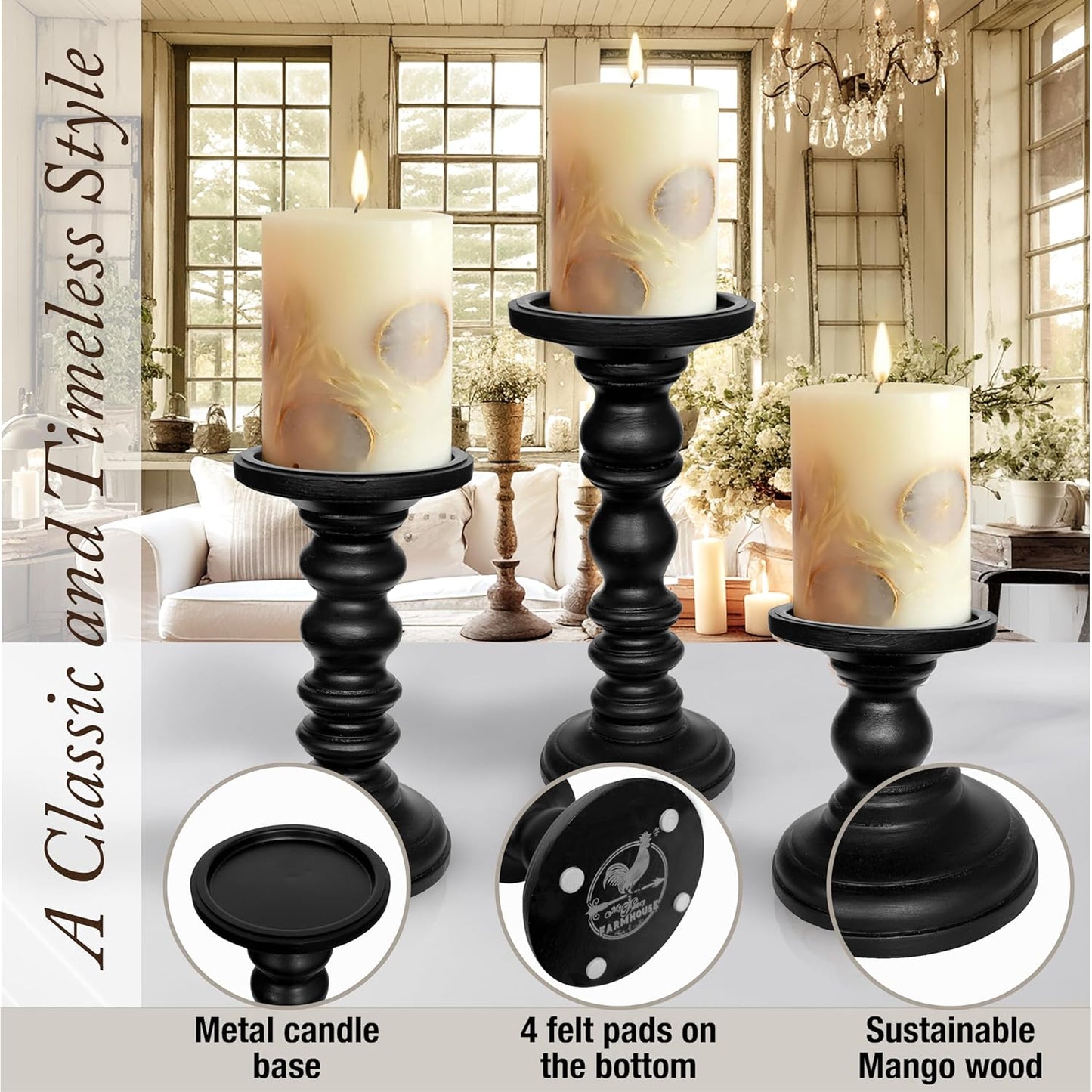Large Candle Holders for Pillar Candles (3 Piece Set) Tall Rustic Wood Farmhouse Pillar Candlestick Stands - Fits 4 inch inch Wide Pillar Candles - Modern Candle Holder Decor (Antique White)