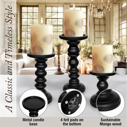 Large Candle Holders for Pillar Candles (3 Piece Set) Tall Rustic Wood Farmhouse Pillar Candlestick Stands - Fits 4 inch inch Wide Pillar Candles - Modern Candle Holder Decor (Antique White)