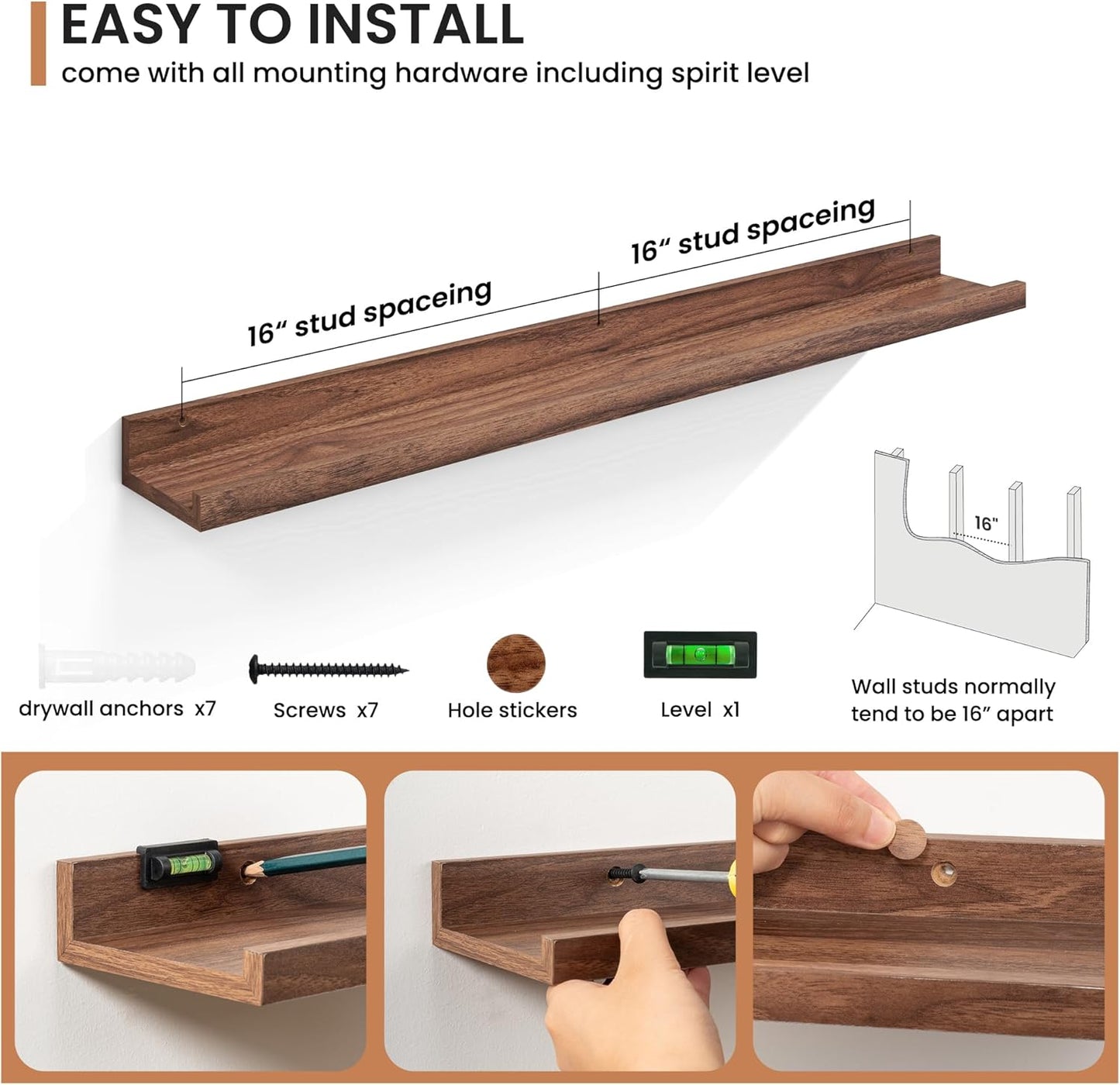 Fun Memories Picture Ledge Shelves Set of 2, 32 Inch Rustic Wall Mounted Floating Shelves with Lip for Home Storage and Décor in Bathroom, Kitchen, Nursery, Bedroom, Living Room, Walnut