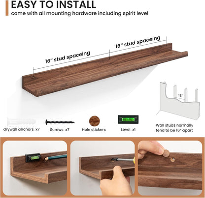 Fun Memories Picture Ledge Shelves Set of 2, 32 Inch Rustic Wall Mounted Floating Shelves with Lip for Home Storage and Décor in Bathroom, Kitchen, Nursery, Bedroom, Living Room, Walnut