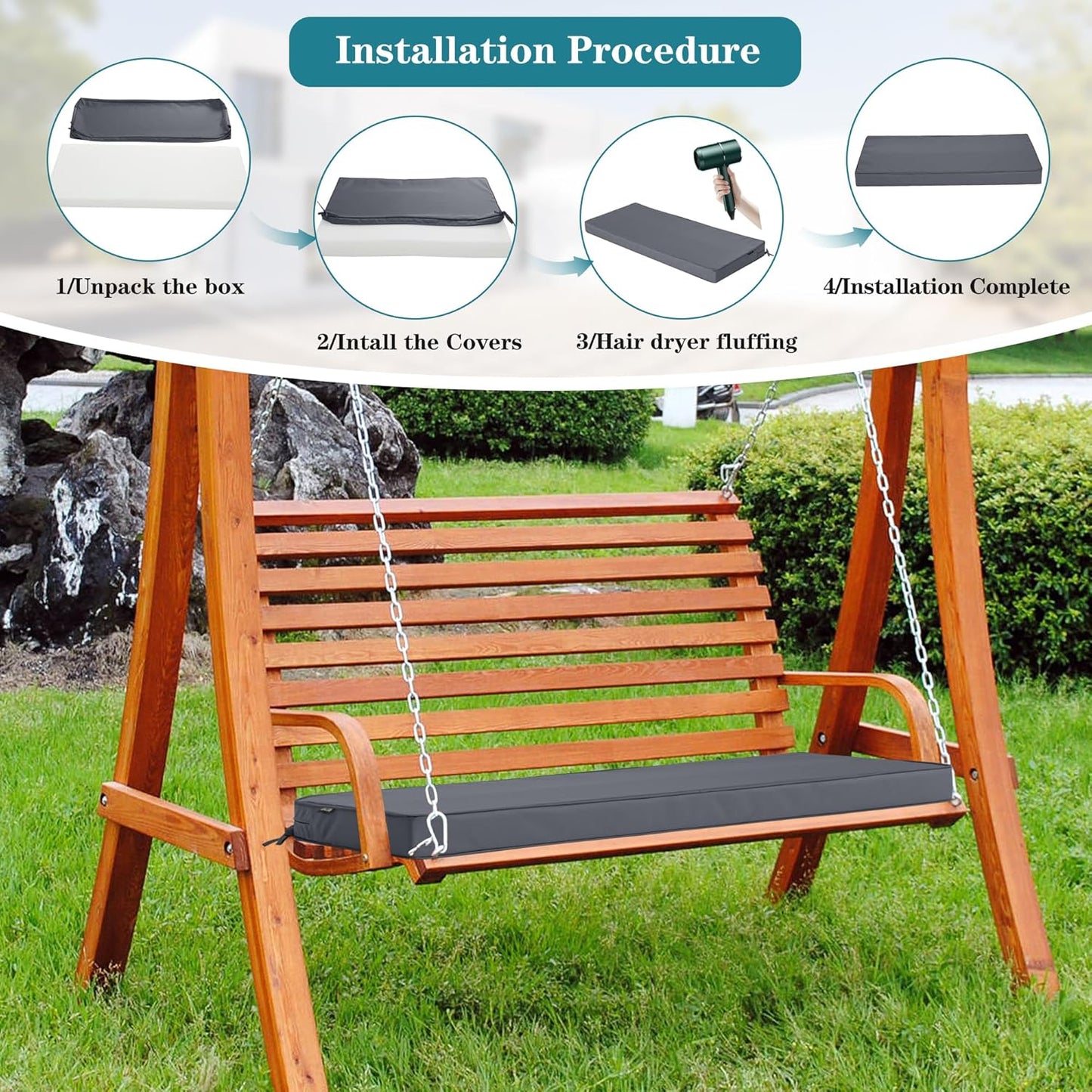 Outdoor Bench Cushions 48 x 18 Inch Thick Waterproof Porch Swing Cushions with Tie Patio Furniture Chair Cushion Bench Pad 5 Year Color Fastness Backyard Seat Pads Navy
