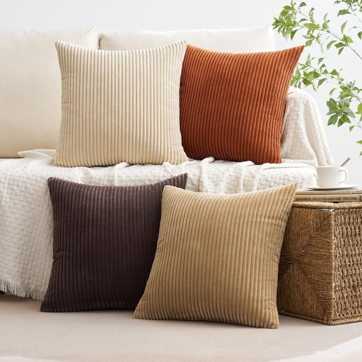 MIULEE Boho Farmhouse Sage Green Throw Pillow Covers 18x18 Inch Set of 4 Mordern Nordic Cushion Covers Soft Corduroy Spring Home Decor for Couch Bed Sofa Living Room Forest Green