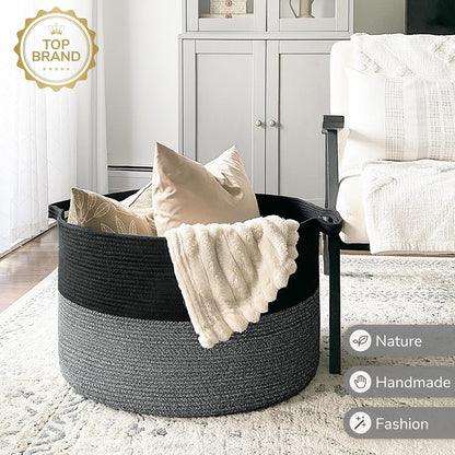 INDRESSME XXXLarge Blanket Basket for Living Room 21.7" x 21.7" x 13.8"-Storage Basket with Handle for Organizing Toy Pillows Woven Cotton Rope Laundry Basket Stuffed Animal Toy Storage for Play Room