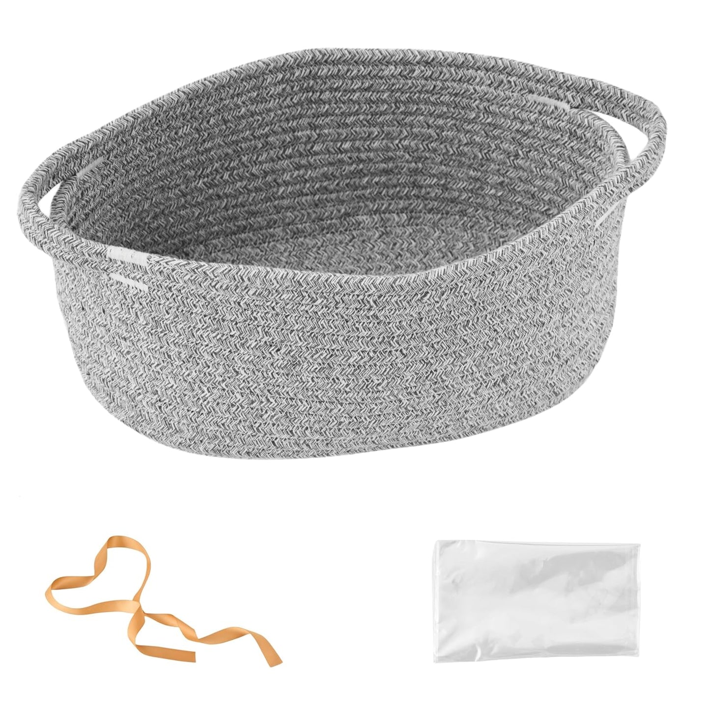 Small Woven Gift Basket Empty with Bag & Ribbon - Gifts for Mom, Baby Shower, Birthdays & Raffle - Cotton Rope Storage Basket for Dog Toys or Shelf - 12"x8"x5", White