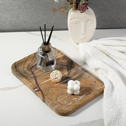 Koville Romano Travertine Tray, 12"x8" Natural Stone Vanity Tray for Countertop Bathroom Kitchen Dresser, Decorative Marble Catchall Trays for Perfume Jewelry, Rectangular Serving Tray(Beige)