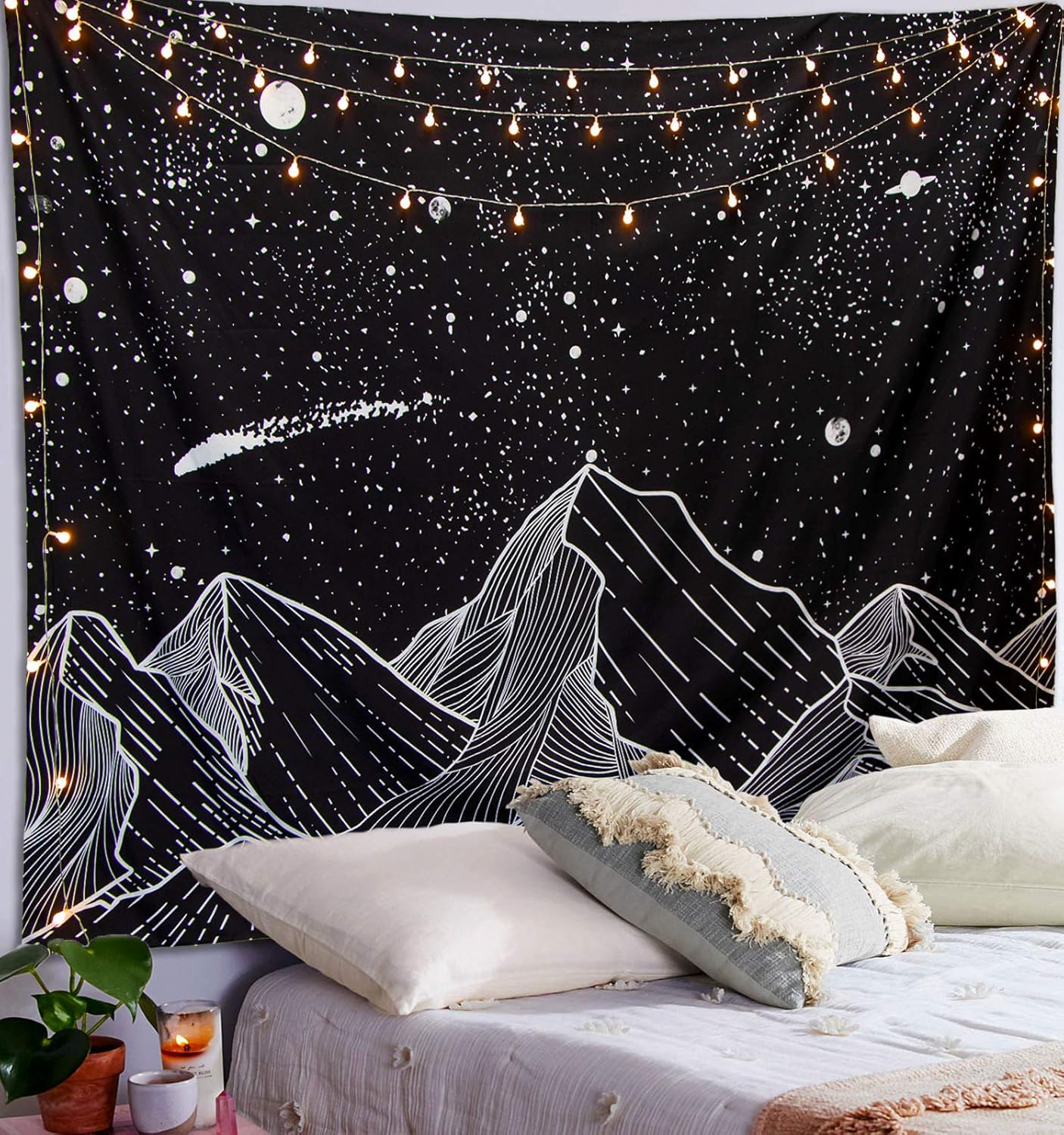 Zussun Black and White Tapestry Starry Night Mountain Tapestries for Bedroom Aesthetic Moon and Stars Tapastry's Wall Hanging Dark Nature Forest Wall Tapestry for Living Room Dorm (48'' × 36'')