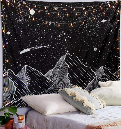 Zussun Black and White Tapestry Starry Night Mountain Tapestries for Bedroom Aesthetic Moon and Stars Tapastry's Wall Hanging Dark Nature Forest Wall Tapestry for Living Room Dorm (48'' × 36'')