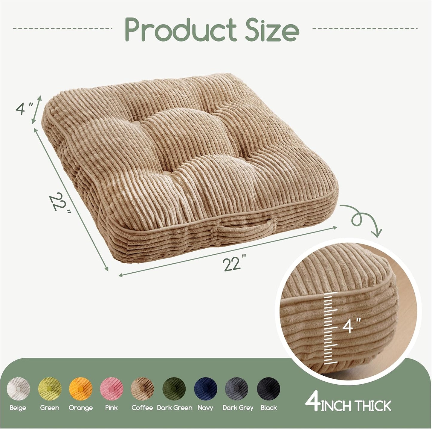 HIGOGOGO 6" Extra Thick Floor Pillow Cushion for Adults, Meditation Cushion Pillow, Large Square Floor Sitting, Tufted Corduroy Cover, for Tatami Living Room or Yoga, 22x22 Inch, 2Pack, Dark Grey