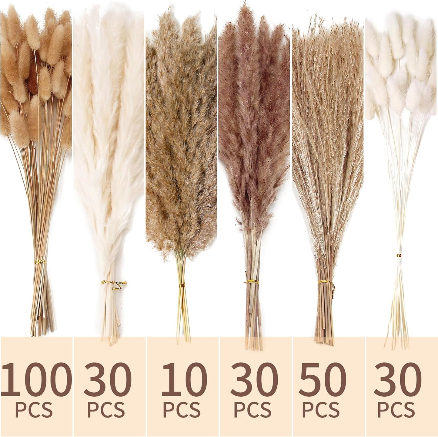 65PCS Pampas Grass Decor, Including pompas Floral, Reed Dried Grass and Bunny Tails Dried Flowers, Natural Dried Pampas Grass Bouquet for Boho Decor Wedding, Home Decoration