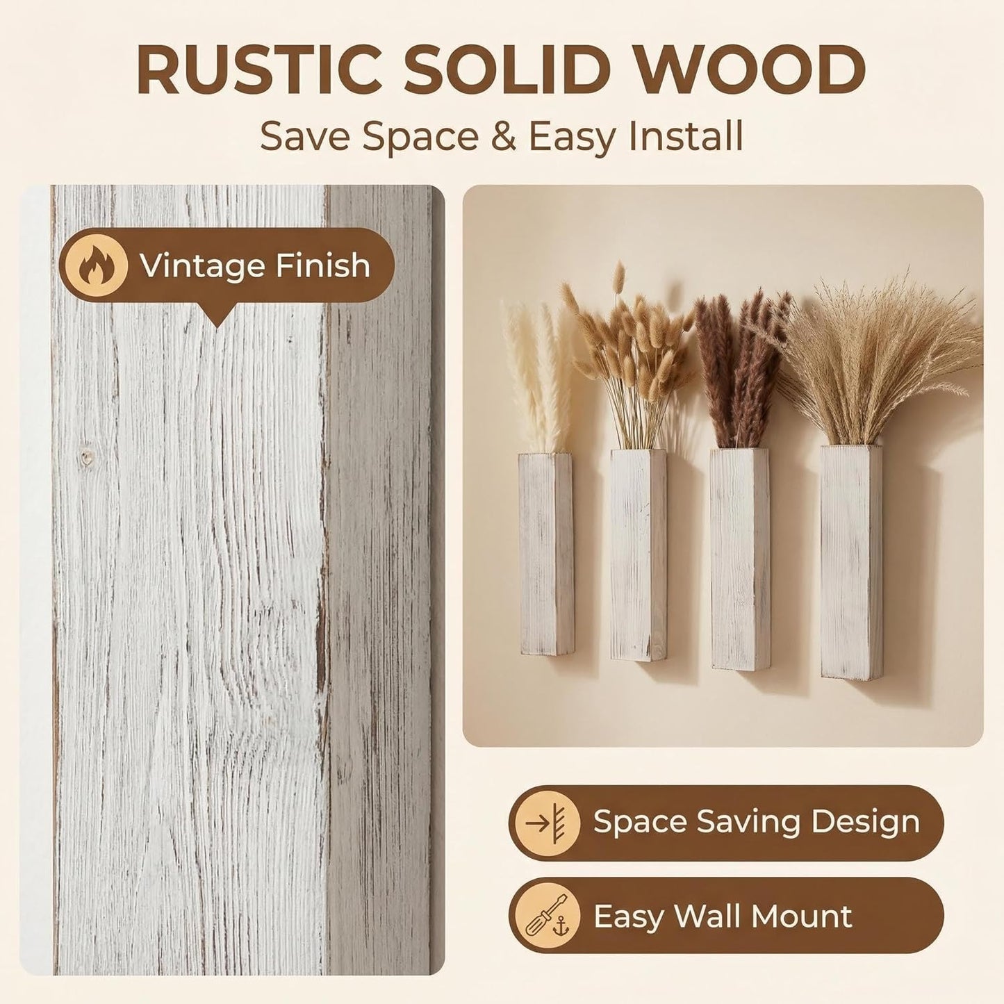 Wooden Wall Planter Set of 4 - Modern Home Decor for Living Room, Bedroom, Bathroom - Walnut Finish Planter for Dried Flowers, Faux Greenery, Indoor Plants