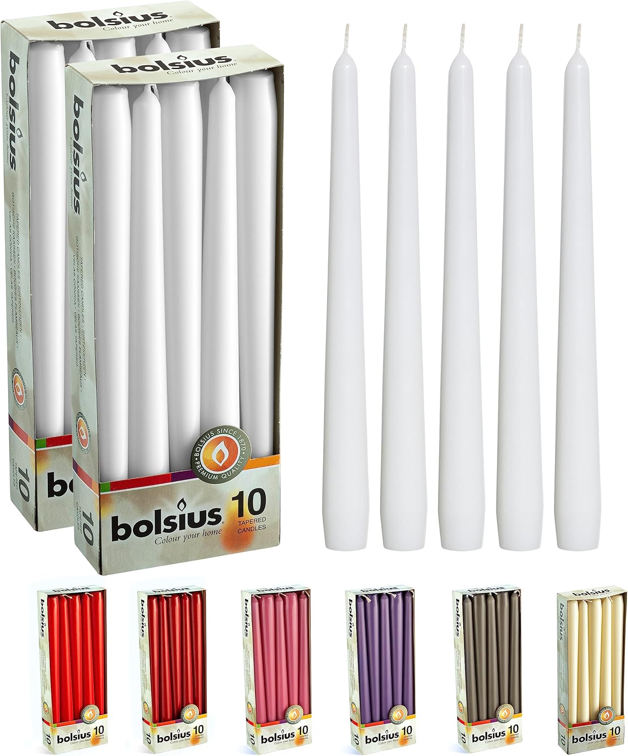 BOLSIUS Ivory Taper Candles - 10 Pack Unscented 10 Inch Dinner Candle Set - 8 Hours Burn Time - Premium European Quality - Smokeless and Dripless Household, Wedding, Party, and Home Décor Candlesticks