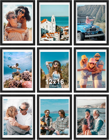 Vittanly 8x10 Picture Frames Set of 9, Shatter Resistant Plexiglass, Display 5x7 Pictures with Mat or 8x10 without Mat, Photo Frames for Wall or Tabletop, Engineered Wood, Black - Colors A