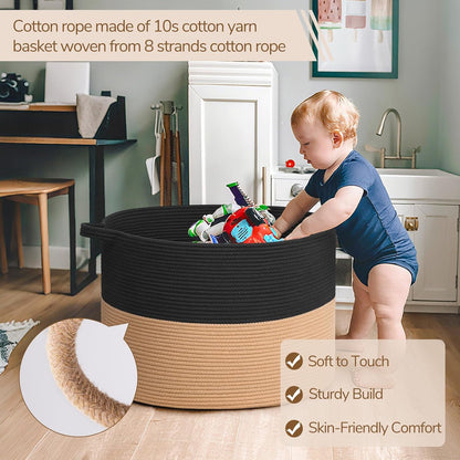 INDRESSME XXXLarge Blanket Basket for Living Room 21.7" x 21.7" x 13.8"-Storage Basket with Handle for Organizing Toy Pillows Woven Cotton Rope Laundry Basket Stuffed Animal Toy Storage for Play Room