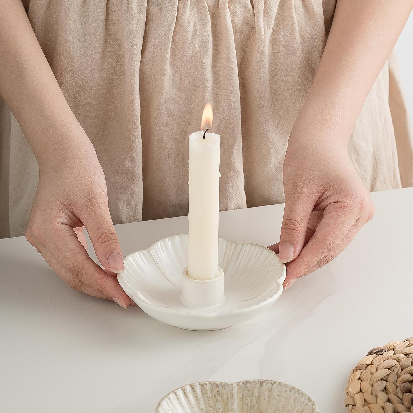 Ceramic Candlestick Holder， Candle Holder for Taper Candles,Incense, Santo Palo, Halloween Christmas Wedding Parties, Dining Room Home Decoration Display - Camel