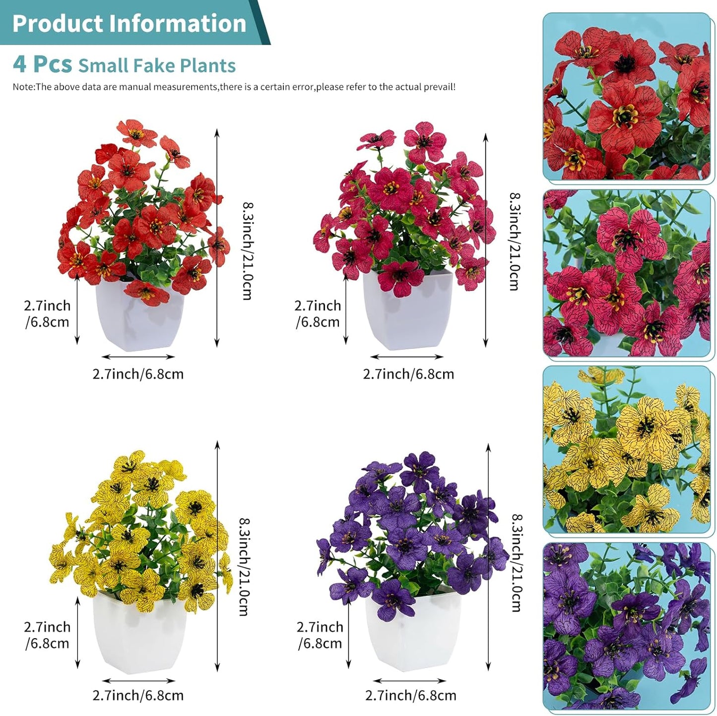 LOYWREE 4 Pack Small Artificial Mums Flowers in White Pots, Fake Mini Potted Plants, Spring Floral Decor for Home Bathroom Shelves Office Desk Table Centerpiece Indoor Decoration