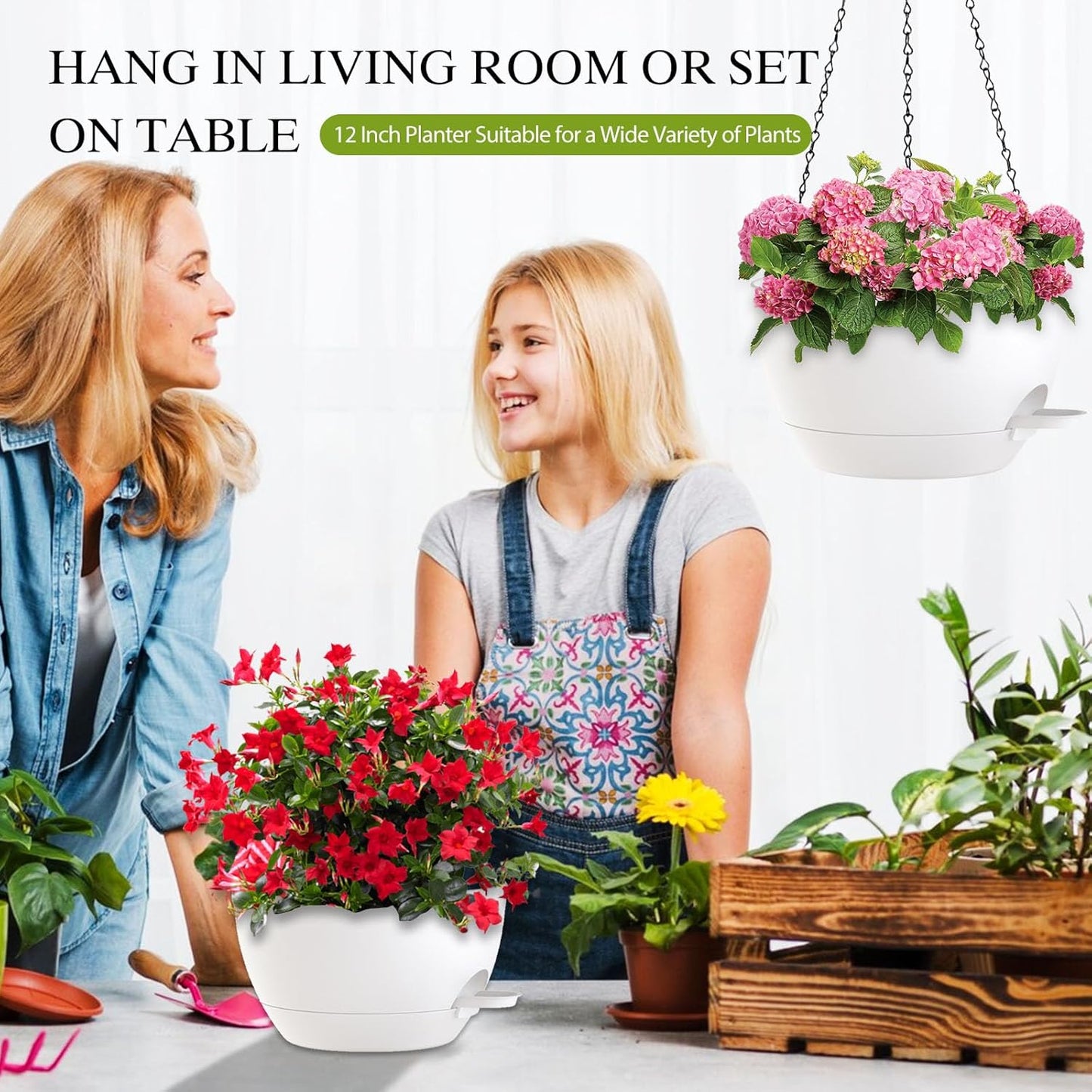 12 Inch Hanging Baskets 2 PC with Chains, Self-Watering Hanging Planters for Indoor Outdoor Plants, Plastic Hanging Flower Pots,Black