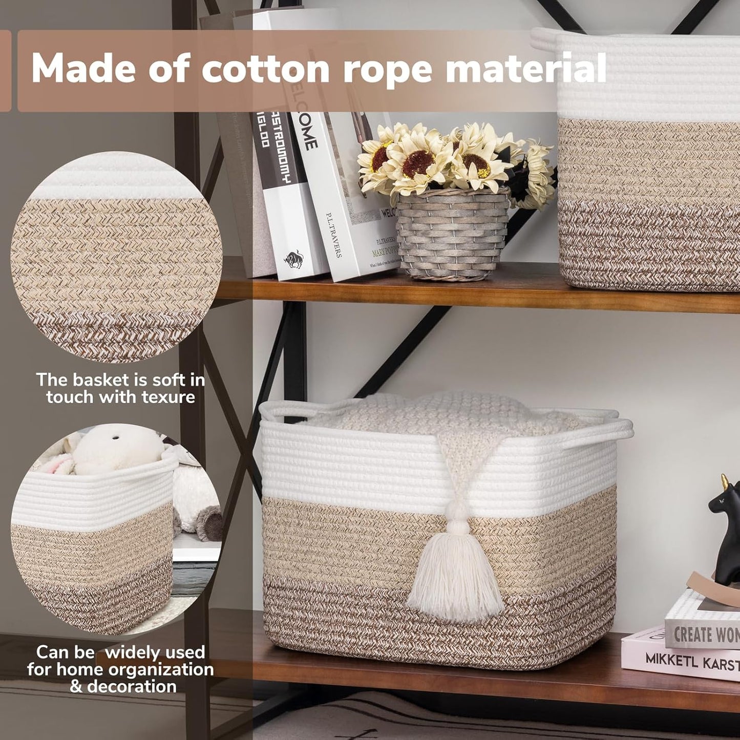 Goodpick Cube Storage Bins - Towel, Book, Cloth, Shoes, Closet Shelf Woven Baskets for Office, Baby Laundry, Toys, 13''x10''x9''
