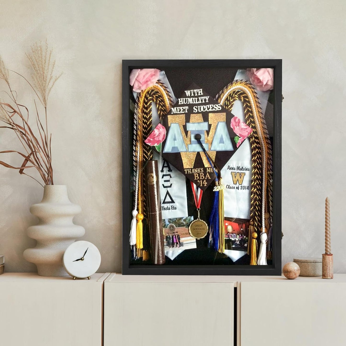 GraduatePro Shadow Box Frame 11x14 Display Case with Linen Back, Real Glass Window Door with Hinge, Picture Frame Wedding Bouquet Memorabilia Medals Photos Memory Box for Keepsakes, Carbonized Black