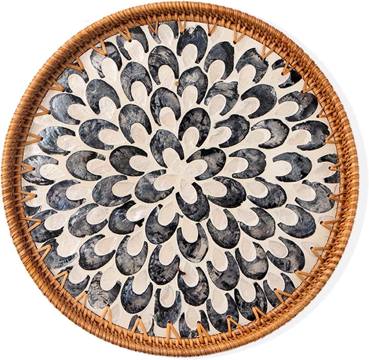 Round Rattan Tray with Mother of Pearl Inlay, Decorative Wicker Serving Tray with Wooden Base, Woven Basket Trays for Bread Fruits Coffee, Leaf