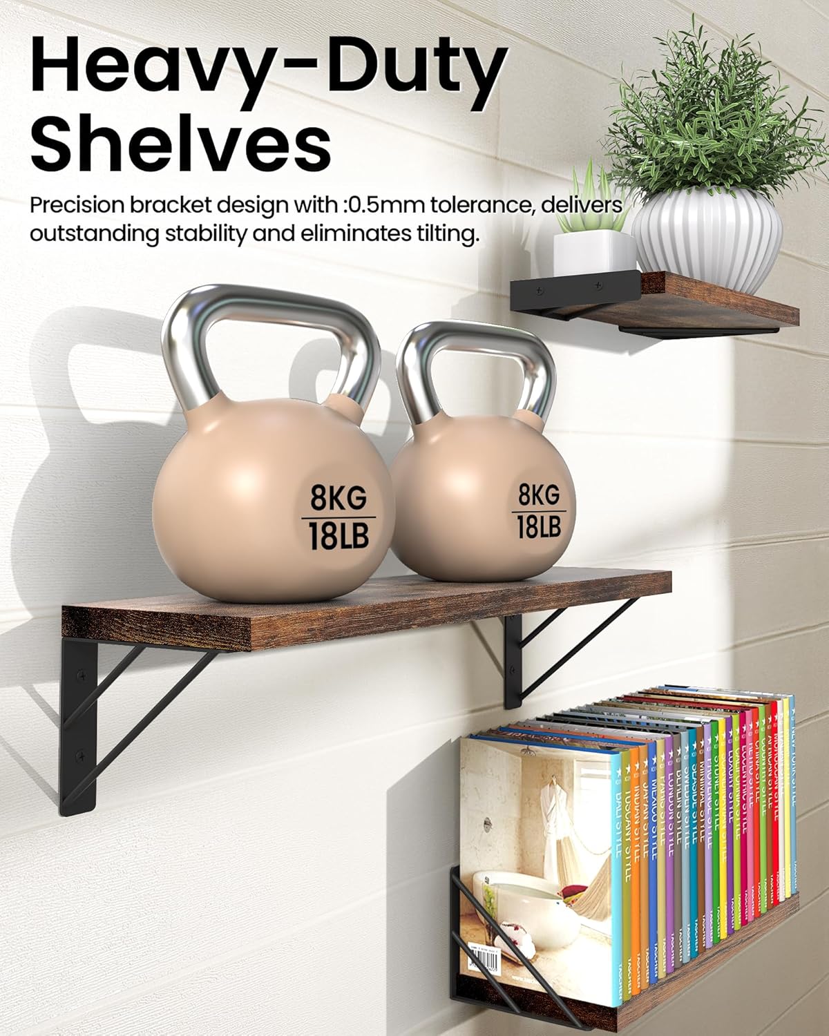 BAYKA Wall Mounted Floating Shelves, Wood Floating Wall Shelf for Books & Decor, Small Space-Saving Display & Organizer（Black，Set of 3）