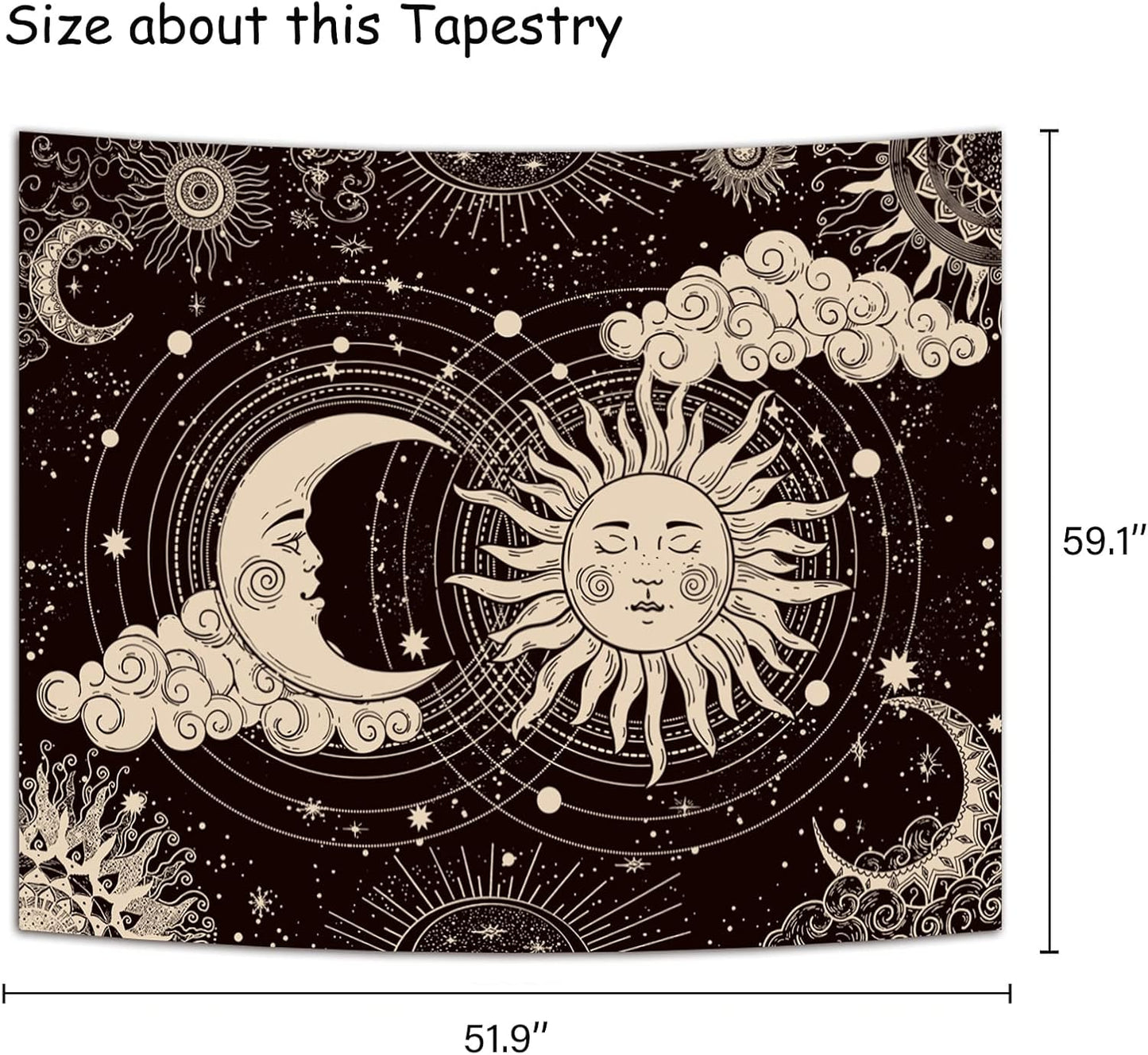 Wonrizon Sun and Moon Tapestry, Aesthetic Black Dark Spiritual Tapestries Mystic Burning Sun with Clouds Star Wall Hanging decor for Bedroom (51.2" x 59.1")