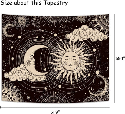 Wonrizon Sun and Moon Tapestry, Aesthetic Black Dark Spiritual Tapestries Mystic Burning Sun with Clouds Star Wall Hanging decor for Bedroom (51.2" x 59.1")