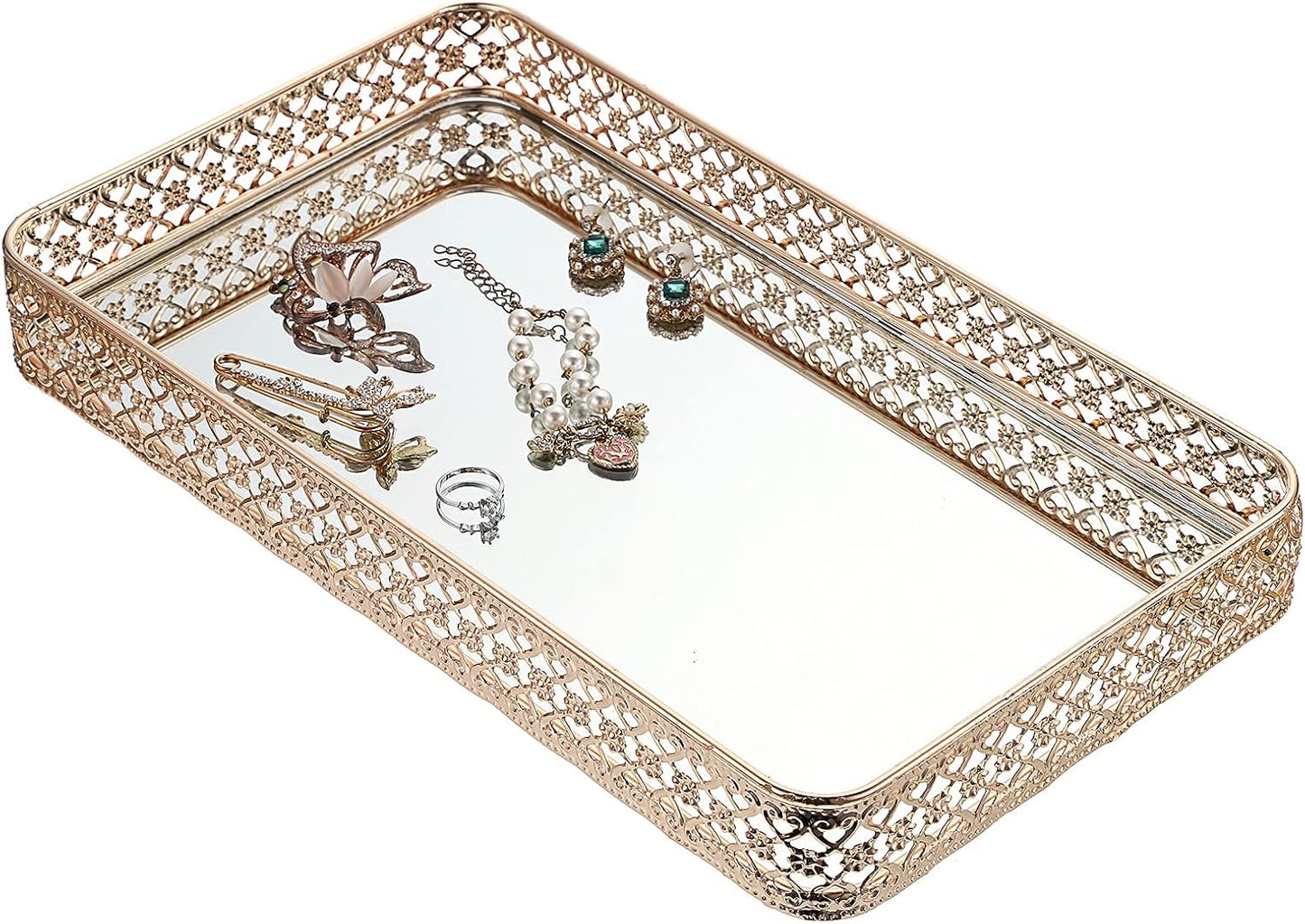 ELLDOO Perfume & Makeup Vanity Tray - Hollow-Carved Jewelry Storage, Glass & Metal Trinket Organizer for Dresser & Bathroom Countertop, Gold, Medium Size