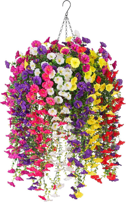 INXUGAO Artificial Flowers with Hanging Basket, Outdoor Faux Plants Silk Morning Glory Vines, Fake Green Arrangement for Garden Patio Spring Summer Decor(4pcs,Darkorchid)