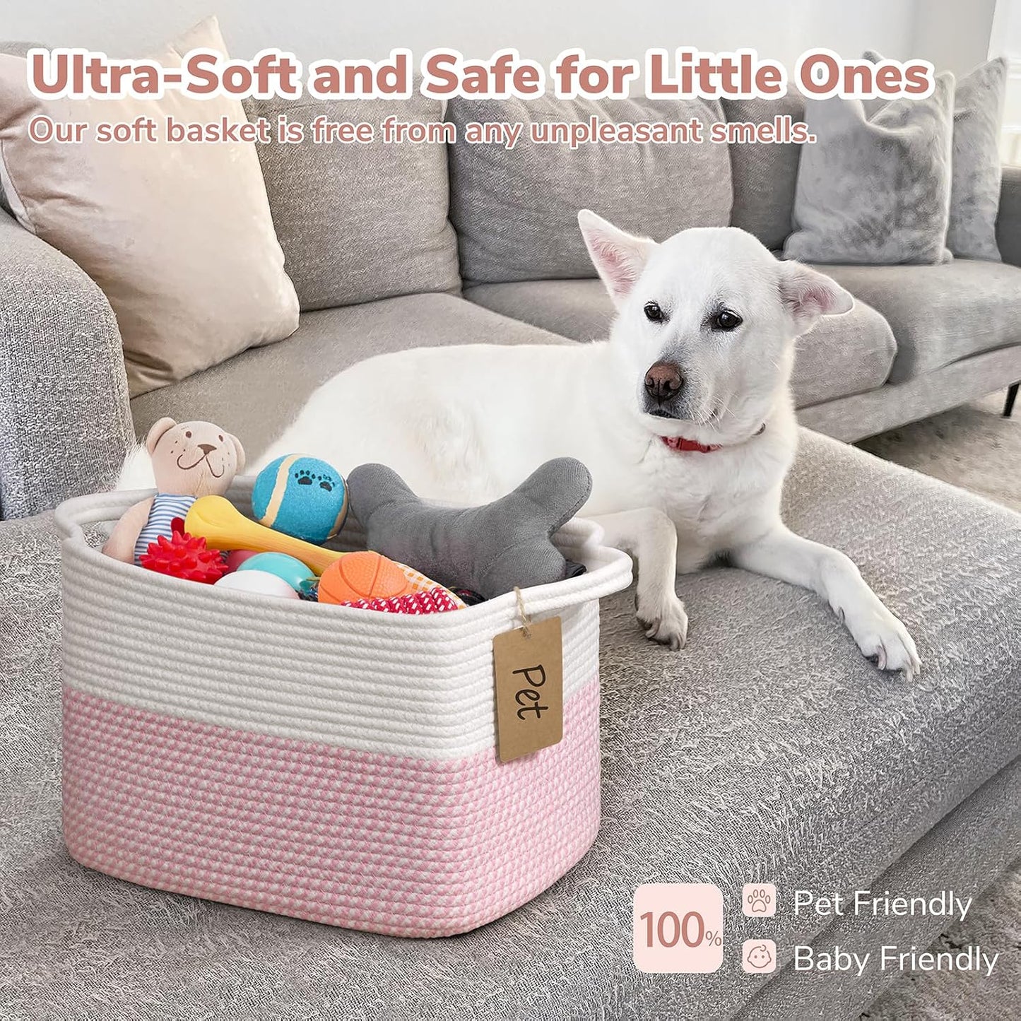 Goodpick Woven Storage Basket, Cotton Rope Basket for Dog Toys, Books, Stylish Gift Basket with Handles, 13 x 10 x 9 Inches Square Baskets for Organizing, Brown and White