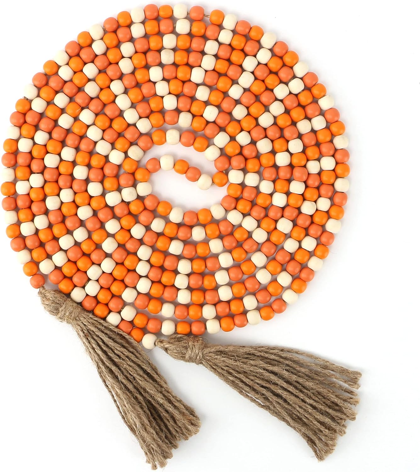 CVHOMEDECO. 16 Feet Wood Beads Garland with Tassels Farmhouse Rustic Wooden Decorative Bead String Wall Hanging Accent for Home Festival Decor. Orange