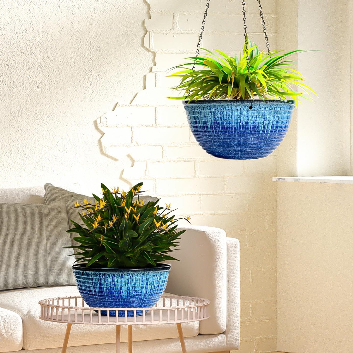 Vanslogreen 2 Pack Hanging Planters for Indoor Outdoor Plants, 10 Inch Hanging Planter with Drainage Hole & Plug Glazed Hanging Baskets Flower Pots for Garden Home (Blue)