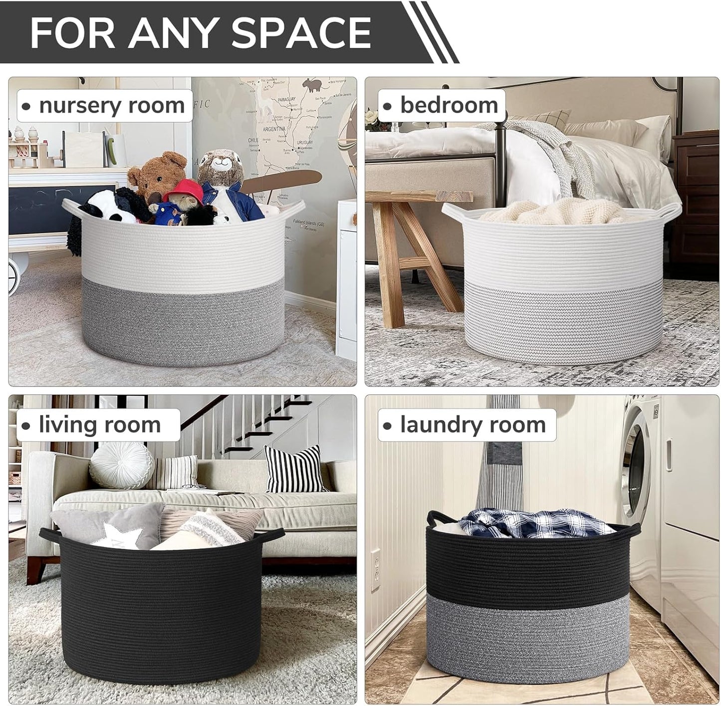 INDRESSME XXXLarge Blanket Basket for Living Room 21.7" x 21.7" x 13.8"-Storage Basket with Handle for Organizing Toy Pillows Woven Cotton Rope Laundry Basket Stuffed Animal Toy Storage for Play Room