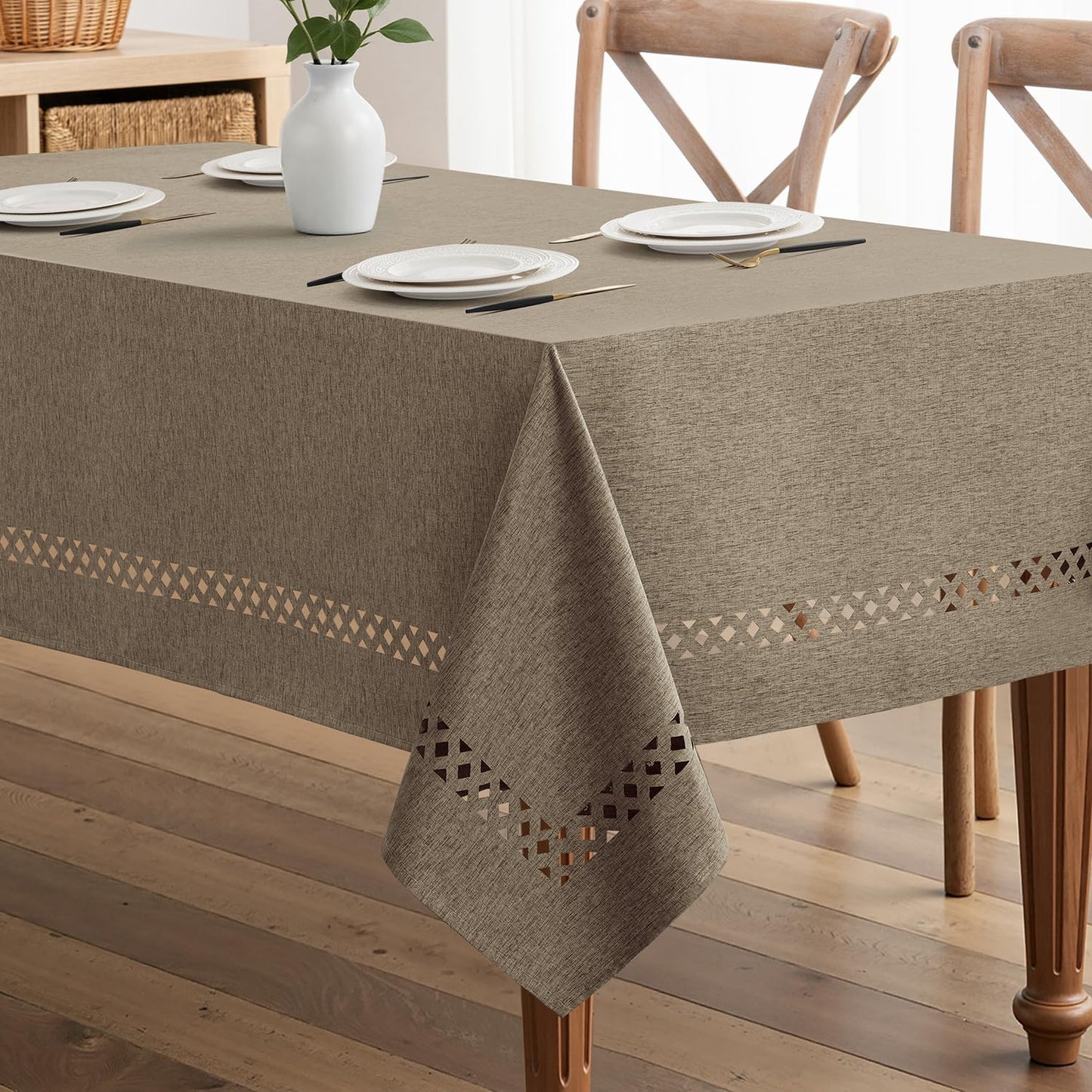 MIULEE Beige Rectangle Linen Polyester Tablecloth with Decorative Cutouts Spring Waterproof Stain Resistant & Shrink-Proof Table Cloth 52x70 inch Farmhouse Style for Dining Wedding and Outdoor