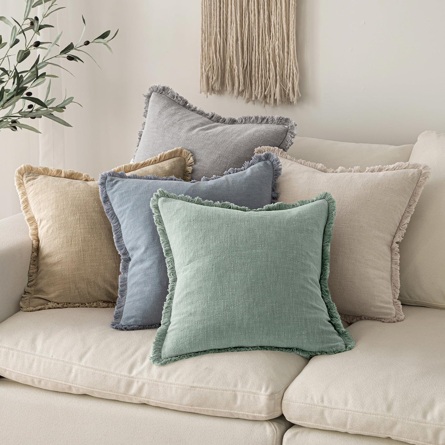 MIULEE Decorative Throw Pillow Covers Neutral Linen Fringe Throw Pillows Set of 2 Natural Beige Boho Farmhouse Cushion Covers with Tassels for Couch Sofa Bed Spring Home Decor 20x20 Inch
