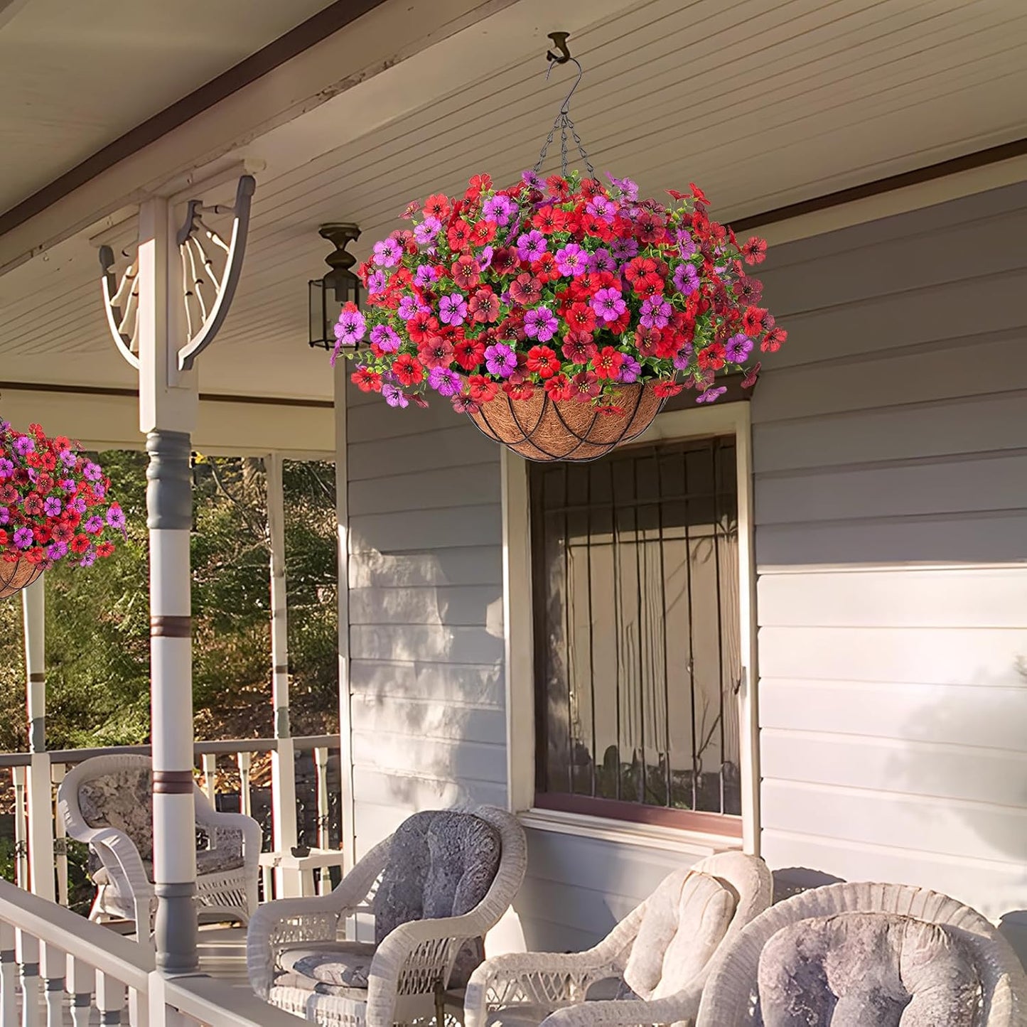 Artificial Silk Flowers Hanging Basket for Outdoor Indoor, Daisy with Eucalyptus Leaves Arrangement for Garden Yard Spring Summer Decor, Faux Green Plant in Metal Coconut Lining Pot(Red Purple)