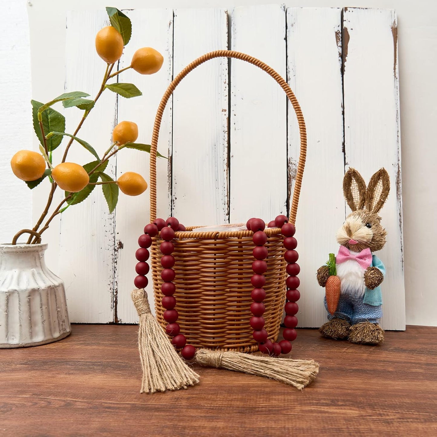 OMISHE 59in Wood Bead Garland with Tassels, Decorative Beads, Farmhouse Wooden Beads Garland for Wall Hanging Home Festival Decor, Aqua, Teal