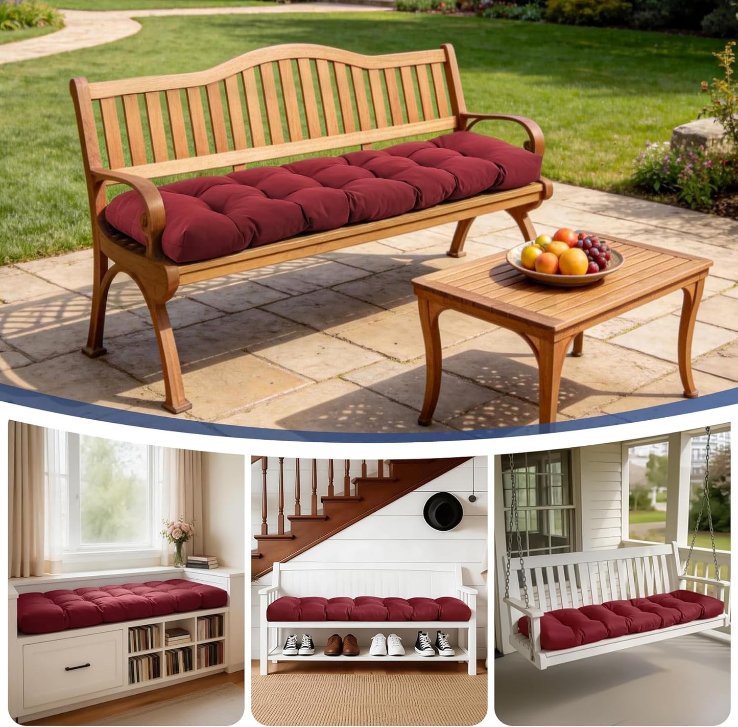 IASEAHK Outdoor Bench Cushion 48x18x5 Inch, Waterproof & Fade-Resistant Patio Furniture Cushions, Tufted Memory Foam Indoor/Outdoor Cushions for Couch Swing with Non-Slip Backing & Straps, Dark Grey