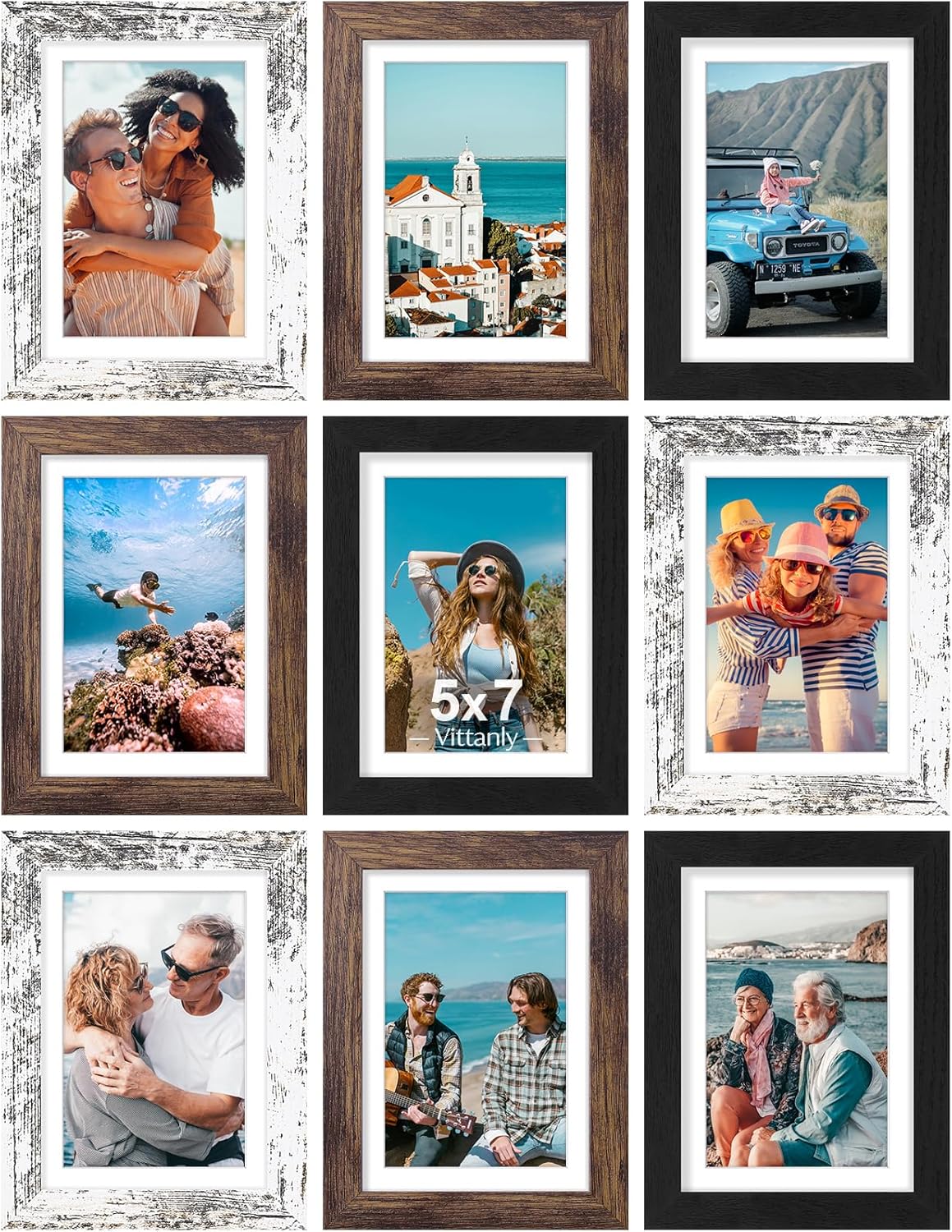 Vittanly 8x10 Picture Frames Set of 9, Shatter Resistant Plexiglass, Display 5x7 Pictures with Mat or 8x10 without Mat, Photo Frames for Wall or Tabletop, Engineered Wood, Black - Colors B