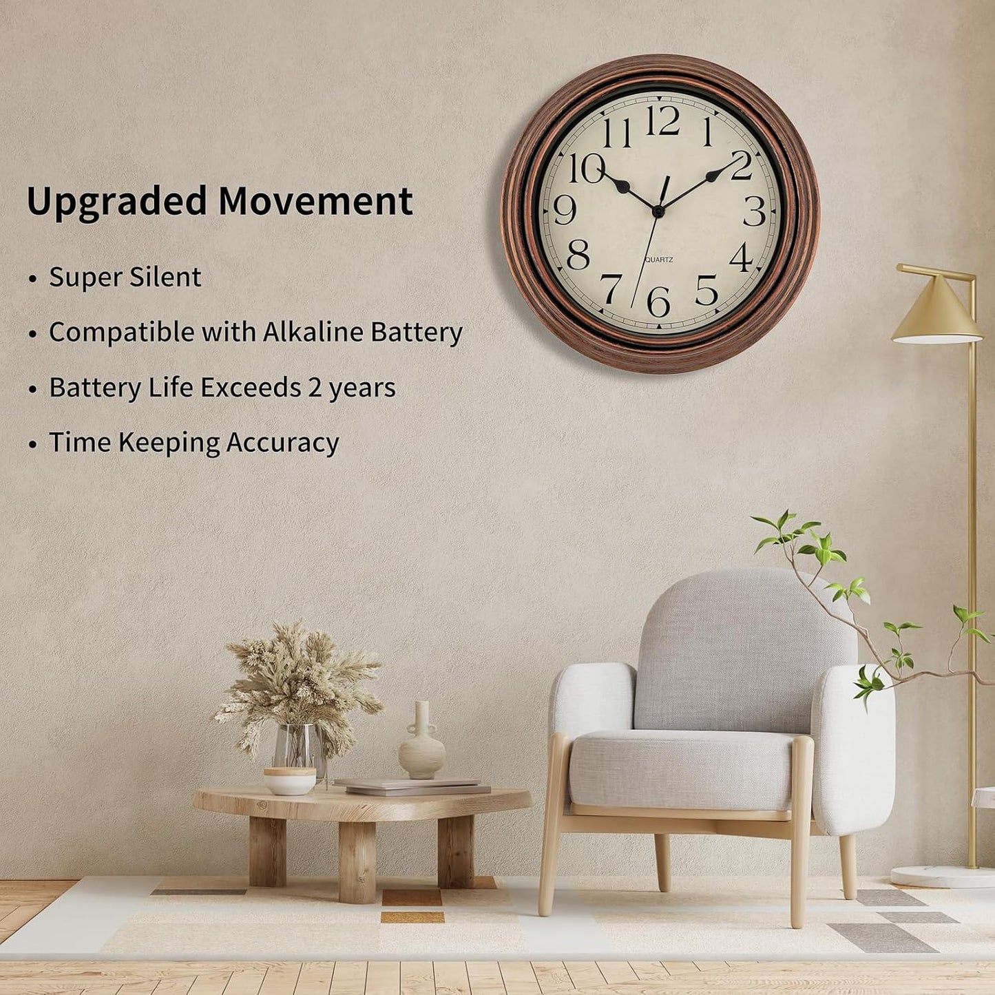 Foxtop Retro Silent Non-Ticking Round Classic Clock Quartz Decorative Battery Operated Wall Clock for Living Room Kitchen Home Office 12 Inch (Bronze)